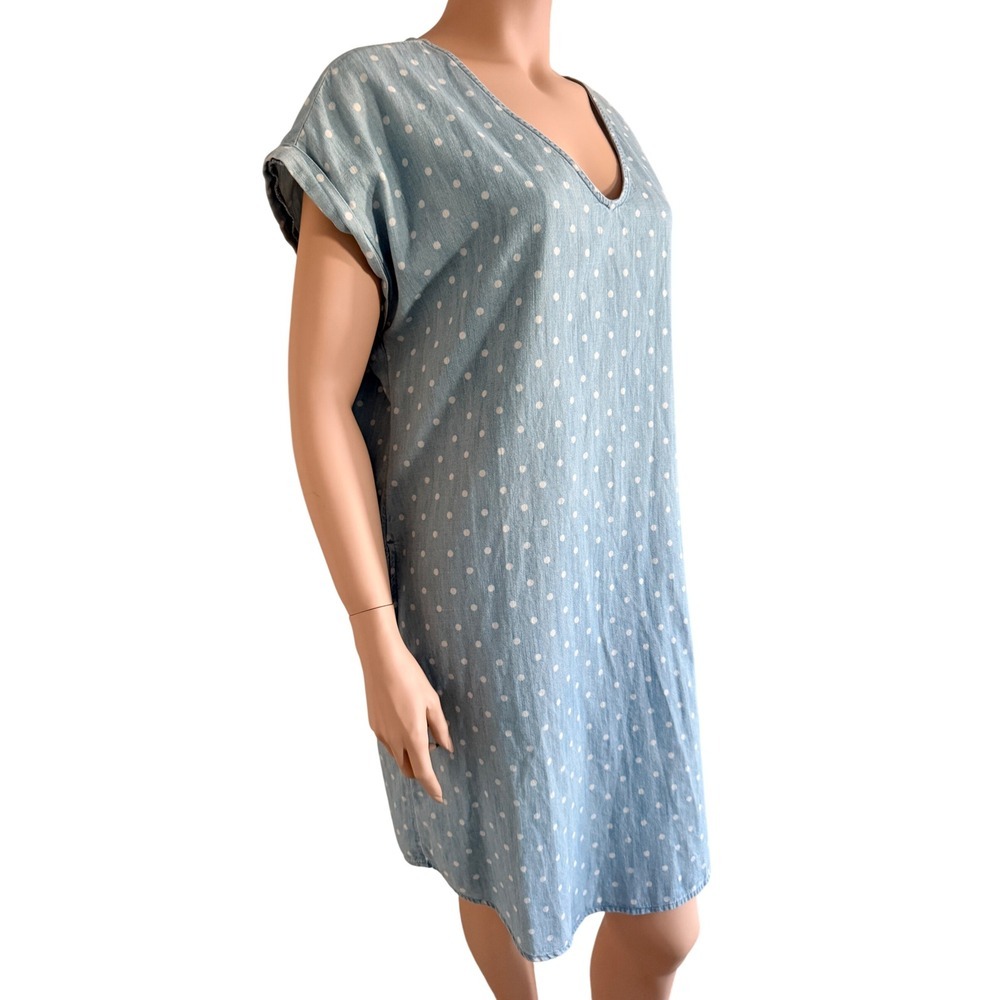 Old Navy Blue Polka Dot Chambray Button Back Shift Dress Pockets Sz L - Picture 4 of 14